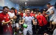 13 September 2019; Jaze Kabia and his Shelbourne team-mates celebrates promotion to the SSE Airtricity League Premier Division following the SSE Airtricity League First Division match between Drogheda United and Shelbourne at United Park in Drogheda, Louth.  Photo by Stephen McCarthy/Sportsfile