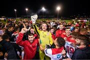 13 September 2019; Shelbourne goalkeeper Colin McCabe and supporters celebrate promotion to the SSE Airtricity League Premier Division following the SSE Airtricity League First Division match between Drogheda United and Shelbourne at United Park in Drogheda, Louth.  Photo by Stephen McCarthy/Sportsfile