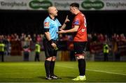 13 September 2019; Referee Rob Rogers and Sean Brennan of Drogheda United during the SSE Airtricity League First Division match between Drogheda United and Shelbourne at United Park in Drogheda, Louth.  Photo by Stephen McCarthy/Sportsfile