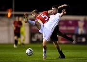 13 September 2019; Ciarán Kilduff of Shelbourne in action against Kevin Farragher of Drogheda United during the SSE Airtricity League First Division match between Drogheda United and Shelbourne at United Park in Drogheda, Louth.  Photo by Stephen McCarthy/Sportsfile