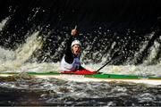 14 September 2019; Fabian Gabler from Kajak Klub Rosenheim, Germany, competing in the K1 Class A Mens Kayaks event, celebrates after going over the high drop during The 60th Liffey Descent on the River Liffey at Lucan Weir in Lucan, Co Dublin. Photo by Seb Daly/Sportsfile