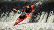 14 September 2019; Finola Trant and Michael Sheehan from Limerick Kayak Club, Ireland, competing in the Double Kayak Open T2 event during The 60th Liffey Descent on the River Liffey at Lucan Weir in Lucan, Co Dublin. Photo by Seb Daly/Sportsfile