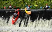 14 September 2019; Jarlath Colleran, left, with, Michael Liddle from Canoeing Ireland, Ireland, competing in the K1 Class C Mens Over 39s Kayaks event during The 60th Liffey Descent on the River Liffey at Lucan Weir in Lucan, Co Dublin. Photo by Seb Daly/Sportsfile