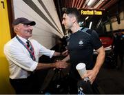14 September 2019; Bernard Brogan of Dublin is greeted by Martin McKenna, who is on duty on the Dublin dressing room, on arrival prior to the GAA Football All-Ireland Senior Championship Final Replay between Dublin and Kerry at Croke Park in Dublin. Photo by Stephen McCarthy/Sportsfile