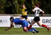 14 September 2019; Lindsay Peat of Leinster dives over to score her side's fourth try despite the tackle of Ella Durkan of Ulster during the Women’s Interprovincial Championship Semi-Final match between Leinster and Ulster at St Mary's RFC in Templeogue, Dublin. Photo by Ben McShane/Sportsfile