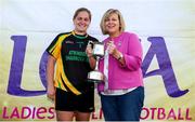 14 September 2019; Marie Hickey, President, LGFA, presents Lorna Atkinson of O Neill Shamrocks, Co Monaghan with the Intermediate Shield Final trophy after they beat John Mitchells Liverpool, Lancashire during the 2019 LGFA All-Ireland Club 7s at Naomh Mearnóg & St Sylvesters in Dublin. Photo by Michael P Ryan/Sportsfile
