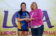 14 September 2019; Marie Hickey, President, LGFA, makes a presentation to Fancesca Lynch of John Mitchells Liverpool, Lancashire runners-up in the Intermediate Shield Final to Abbeyside, Co Waterford United during the 2019 LGFA All-Ireland Club 7s at Naomh Mearnóg & St Sylvesters in Dublin. Photo by Michael P Ryan/Sportsfile