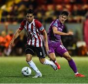 14 September 2019; Gerardo Bruna of Derry City in action against Jamie McGrath of Dundalk during the EA Sports Cup Final match between Derry City and Dundalk at Ryan McBride Brandywell Stadium in Derry. Photo by Oliver McVeigh/Sportsfile