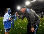 14 September 2019; 10-year-old Dublin supporter Grace Dorman with Dublin manager Jim Gavin following the GAA Football All-Ireland Senior Championship Final Replay between Dublin and Kerry at Croke Park in Dublin. Photo by Stephen McCarthy/Sportsfile