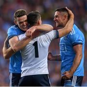 14 September 2019; Stephen Cluxton celebrates with Brian Fenton, left, and James McCarthy, right, following the GAA Football All-Ireland Senior Championship Final Replay match between Dublin and Kerry at Croke Park in Dublin. Photo by Eóin Noonan/Sportsfile