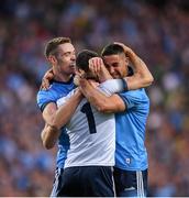 14 September 2019; Stephen Cluxton celebrates with Brian Fenton, left, and James McCarthy, right, following the GAA Football All-Ireland Senior Championship Final Replay match between Dublin and Kerry at Croke Park in Dublin. Photo by Eóin Noonan/Sportsfile