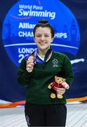 14 September 2019; Nicole Turner of Ireland poses with her bronze medal after competing in the Women's 50m Butterfly S6 Final following day six of the World Para Swimming Championships 2019 at London Aquatic Centre in London, England. Photo by Tino Henschel/Sportsfile