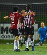 14 September 2019; Junior Ogedi-Uzokwe of Derry City celebrates with Barry McNamee after scoring his side's second goal during the EA Sports Cup Final match between Derry City and Dundalk at Ryan McBride Brandywell Stadium in Derry. Photo by Oliver McVeigh/Sportsfile