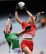 15 September 2019; Kate Flood of Louth and Aisling Maguire of Fermanagh during the TG4 All-Ireland Ladies Football Junior Championship Final match between Fermanagh and Louth at Croke Park in Dublin. Photo by Stephen McCarthy/Sportsfile