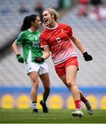 15 September 2019; Kate Flood of Louth celebrates after scoring her side's first goal during the TG4 All-Ireland Ladies Football Junior Championship Final match between Fermanagh and Louth at Croke Park in Dublin. Photo by Stephen McCarthy/Sportsfile