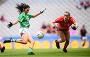 15 September 2019; Lisa Maguire of Fermanagh shoots to score her side's first goal despite the attention of Eilis Hand of Louth during the TG4 All-Ireland Ladies Football Junior Championship Final match between Fermanagh and Louth at Croke Park in Dublin. Photo by Stephen McCarthy/Sportsfile