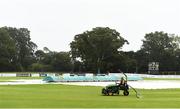 15 September 2019; A groundsman removes excess water from the field of play prior to the T20 International Tri Series match between Ireland and Netherlands at Malahide Cricket Club in Dublin. Photo by Eóin Noonan/Sportsfile