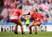 15 September 2019; Eilis Hand, left, and Shannen McLaughlin of Louth celebrate following the TG4 All-Ireland Ladies Football Junior Championship Final match between Fermanagh and Louth at Croke Park in Dublin. Photo by Stephen McCarthy/Sportsfile