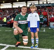 13 September 2019; London Irish captain Franco van der Merwe with mascot Harry Coole age 9 from Cork before the Pre-season friendly match between Munster and London Irish at the Irish Independent Park in Cork.  Photo by Matt Browne/Sportsfile