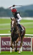 15 September 2019; Jockey Chris Hayes celebrates as he crosses the line to win the Comer Group International Irish St Leger on Search for a Song during Day Two of the Irish Champions Weekend at at The Curragh Racecourse in Kildare. Photo by Seb Daly/Sportsfile