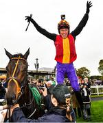 15 September 2019; Jockey AP McCoy celebrates after winning the Pat Smullen Champions Race For Cancer Trials Ireland on Quizical during Day Two of the Irish Champions Weekend at The Curragh Racecourse in Kildare. Photo by Seb Daly/Sportsfile