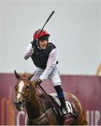 15 September 2019; Jockey Chris Hayes celebrates as he crosses the line to win the Comer Group International Irish St Leger on Search For A Song during Day Two of the Irish Champions Weekend at The Curragh Racecourse in Kildare. Photo by Seb Daly/Sportsfile