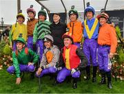 15 September 2019; Pat Smullen, centre, with jockeys, back row from left, Johnny Murtagh, Joseph O'Brien, Paul Carberry, Charlie Swan, Richard Hughes and Kieren Fallon, front row, Ted Durcan, Ruby Walsh and AP McCoy, prior to Pat Smullen Champions Race For Cancer Trials Ireland during Day Two of the Irish Champions Weekend at The Curragh Racecourse in Kildare. Photo by Seb Daly/Sportsfile