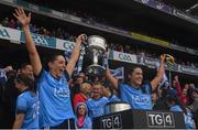 15 September 2019; Sinéad Goldrick, left, and Hannah O'Neill of Dublin lift the the Brendan Martin Cup following the TG4 All-Ireland Ladies Football Senior Championship Final match between Dublin and Galway at Croke Park in Dublin. Photo by Ramsey Cardy/Sportsfile