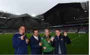15 September 2019; MC Marty Morrissey with rower Sanita Puspure, and boxers Amy Broadhurst and Michaela Walsh during the TG4 All-Ireland Ladies Football Senior Championship Final match between Dublin and Galway at Croke Park in Dublin. Photo by Stephen McCarthy/Sportsfile
