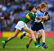 14 September 2019; Seán Hanley of Kilmacud Crokes, Co Dublin, and Adam Byrne of Dr Crokes Kerry, Co Kerry, during the INTO Cumann na mBunscol GAA Respect Exhibition Go Games at Dublin v Kerry - GAA Football All-Ireland Senior Championship Final Replay at Croke Park in Dublin. Photo by Seb Daly/Sportsfile