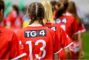 15 September 2019; TG4 branding on the Louth jerseys during the TG4 All-Ireland Ladies Football Junior Championship Final match between Fermanagh and Louth at Croke Park in Dublin. Photo by Stephen McCarthy/Sportsfile