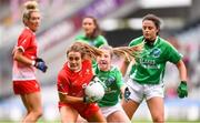 15 September 2019; Deirbhile Osborne of Louth and Molly Flynn of Fermanagh during the TG4 All-Ireland Ladies Football Junior Championship Final match between Fermanagh and Louth at Croke Park in Dublin. Photo by Stephen McCarthy/Sportsfile