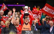 15 September 2019; Louth selector Brigid Russell lifts the West County Hotel Cup following the TG4 All-Ireland Ladies Football Junior Championship Final match between Fermanagh and Louth at Croke Park in Dublin. Photo by Stephen McCarthy/Sportsfile