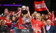 15 September 2019; Louth's Aoife Russell, right, lifts the West County Hotel Cup following the TG4 All-Ireland Ladies Football Junior Championship Final match between Fermanagh and Louth at Croke Park in Dublin. Photo by Stephen McCarthy/Sportsfile