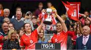 15 September 2019; Eilis Hand, left, and Lauren McFaul of Louth lift the West County Hotel Cup following the TG4 All-Ireland Ladies Football Junior Championship Final match between Fermanagh and Louth at Croke Park in Dublin. Photo by Stephen McCarthy/Sportsfile