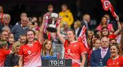 15 September 2019; Sarah Quinn, left, and Rebecca Carr of Louth lift the West County Hotel Cup following the TG4 All-Ireland Ladies Football Junior Championship Final match between Fermanagh and Louth at Croke Park in Dublin. Photo by Stephen McCarthy/Sportsfile
