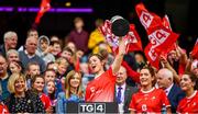 15 September 2019; Susan Byrne of Louth lifts the West County Hotel Cup following the TG4 All-Ireland Ladies Football Junior Championship Final match between Fermanagh and Louth at Croke Park in Dublin. Photo by Stephen McCarthy/Sportsfile