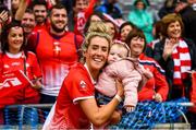 15 September 2019; Sinéad Woods of Louth celebrates with her 1-year-old niece Charlotte following the TG4 All-Ireland Ladies Football Junior Championship Final match between Fermanagh and Louth at Croke Park in Dublin. Photo by Stephen McCarthy/Sportsfile