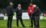 16 September 2019; Groundsman Philip Frost, far right, in conversation with Umpires, Alan Neill, second from left, David McLean, far left, and reserve umpire Rizwan Akram ahead of the T20 International Tri Series match between Scotland and Netherlands at Malahide Cricket Club in Dublin. Photo by Sam Barnes/Sportsfile