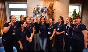 16 September 2019; Dublin ladies footballer and nurse Rachel Ruddy lifts the Brendan Martin cup with her colleagues during the TG4 All-Ireland Senior Ladies Football Champions visit to Our Lady’s Children’s Hospital in Crumlin, Co Dublin. Photo by David Fitzgerald/Sportsfile