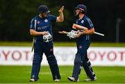 16 September 2019; George Munsey of Scotland, right, is congratulated by Oliver Hairs at the end of their innings during the T20 International Tri Series match between Scotland and Netherlands at Malahide Cricket Club in Dublin. Photo by Sam Barnes/Sportsfile