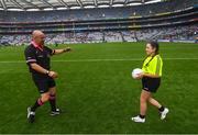 15 September 2019; Aoibhinn Ni Grianna of Sarsfields, Co Antrim, presents the match ball to referee Jonathan Murphy ahead of the TG4 All-Ireland Ladies Football Intermediate Championship Final match between Meath and Tipperary at Croke Park in Dublin. Photo by Stephen McCarthy/Sportsfile
