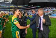 15 September 2019; Alan Esslemont, Ardstiúrthóir TG4, in the compnay of LGFA President Marie Hickey meets Meath captain Máire O'Shaughnessy prior to the TG4 All-Ireland Ladies Football Intermediate Championship Final match between Meath and Tipperary at Croke Park in Dublin. Photo by Stephen McCarthy/Sportsfile