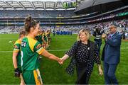 15 September 2019; LGFA President Marie Hickey meets Meath captain Máire O'Shaughnessy prior to the TG4 All-Ireland Ladies Football Intermediate Championship Final match between Meath and Tipperary at Croke Park in Dublin. Photo by Stephen McCarthy/Sportsfile