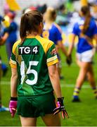 15 September 2019; TG4 branding on the Meath jersey during the TG4 All-Ireland Ladies Football Intermediate Championship Final match between Meath and Tipperary at Croke Park in Dublin. Photo by Stephen McCarthy/Sportsfile
