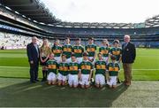 14 September 2019; GAA National Children's Officer Gearóid Ó Maoilmhichíl, INTO Mini-games co-ordinator Gerry O'Meara, with the Kerry team, back row, left to right, Referee Ava O’Neill of St Fiachra’s NS, Beaumont, Co Dublin, Kate O’Loughlin of Scoil Naomh Pádraig Measc, Caherleaheen, Co Kerry, Ben Murphy of Scoil Naomh Eoin Balloonagh Tralee, Co Kerry, Adam Byrne of Dr Crokes Kerry, Co Kerry, Paddy Collins of Ilen Rovers, Co Cork, representing Kerry, Róisín Kelleher of Castlemagner, Cork, representing Kerry, James O’Shea of Dr Crokes, Co Kerry, front row, left to right, Naoishe O’Donoghue of Scoil An Fhaithche Cill Airne, Co Kerry, Tom Whooley of Clonakilty, Co Cork, representing Kerry, Dara Griffin of Dr Crokes, Co Kerry, Muiris O’Donoghue of Dr Crokes, Co Kerry, Amélie Kerin of Scoil Mhuire Cordal Castleisland, Co Kerry, Liam Hennigan of Dr Crokes, Co  Kerry, ahead of the INTO Cumann na mBunscol GAA Respect Exhibition Go Games at Dublin v Kerry - GAA Football All-Ireland Senior Championship Final Replay at Croke Park in Dublin. Photo by Daire Brennan/Sportsfile