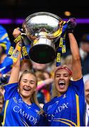 15 September 2019; Tipperary's Rosanna Kiely, left, and Orla O'Dwyer lift the Mary Quinn Memorial Cup following the TG4 All-Ireland Ladies Football Intermediate Championship Final match between Meath and Tipperary at Croke Park in Dublin. Photo by Stephen McCarthy/Sportsfile