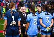 15 September 2019; President Michael D. Higgins meets the Dublin players prior to the TG4 All-Ireland Ladies Football Senior Championship Final match between Dublin and Galway at Croke Park in Dublin. Photo by Stephen McCarthy/Sportsfile