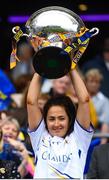 15 September 2019; Tipperary's Lauren Fitzpatrick lifts the Mary Quinn Memorial Cup following the TG4 All-Ireland Ladies Football Intermediate Championship Final match between Meath and Tipperary at Croke Park in Dublin. Photo by Stephen McCarthy/Sportsfile