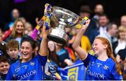 15 September 2019; Tipperary's Lucy Spillane, left, and Emma Cronin lift the Mary Quinn Memorial Cup following the TG4 All-Ireland Ladies Football Intermediate Championship Final match between Meath and Tipperary at Croke Park in Dublin. Photo by Stephen McCarthy/Sportsfile